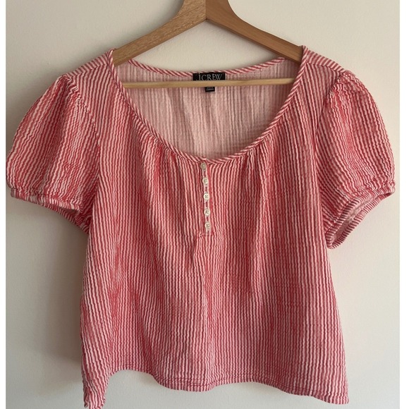 J. Crew Tops - J. Crew Puff Sleeve Henley Top Red White Stripe Cropped Cotton Gauze Size Large